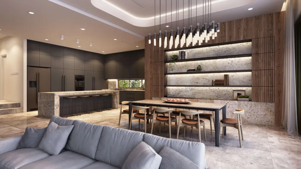 Luxury custom kitchen with stone island bench